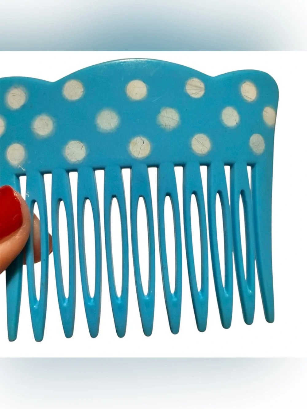 1960’s French Blue & White Polka Dot Scalloped Hair Comb, Paris Made, Deadstock